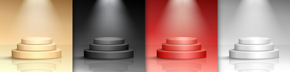 Collection of red, black, white, golden scenes with bright lightning. Round podium stairs. Vector cylinder podiums with reflection and spotlights for product presentation. 3D platform mock up