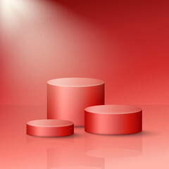 Three red stages with spotlight. 3d rendering big, medium and small platforms. Vector modern pedestal template for product presentation or podiums for trophy. Scene, dais, showcase mockup.