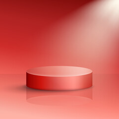 Bright red vector podium mockup. Pedestal, platform, stage, dais template for product presentation. Showcase concept. Scene with reflection and spotlight