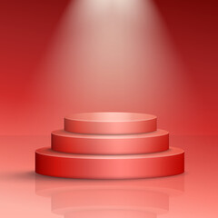 Red realistic scene with reflection and lightning. 3d vector cylinder podium with spotlights for product presentation. Product scene, platform mock up