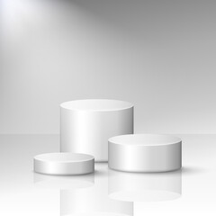 Three silver stages with spotlight. 3d rendering big, medium and small platforms. Vector modern pedestal template for product presentation or podiums for trophy. White scene, dais, showcase mockup.