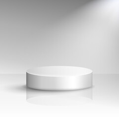 Minimal white vector podium mockup. Pedestal, platform, stage, dais template for product presentation. Showcase concept. Scene with reflection and spotlight