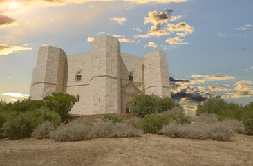 Andria, Puglia, Italy. August 2021. Amazing view of Castel del Monte at the golden hour. Its...