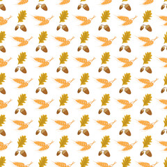 Seamless autumn pattern with acorns, oak leaves and ears of wheat on white background. Bright autumn harvest print for textiles and design. Vector flat illustration