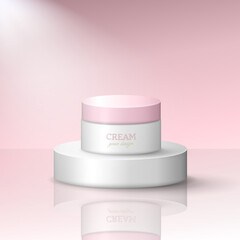 White cream jar on the soft pink scene with reflection and lightening. Composition with cosmetic product on stage. Skincare item presentation with spotlight. Vector cosmetic mockup, template