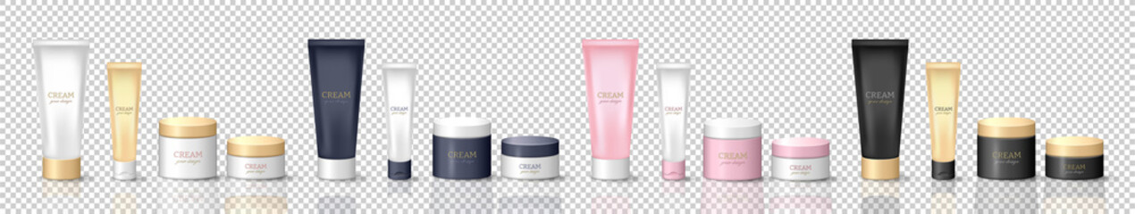 Big set with 3D cosmetic packages - jars and tube for cream, lotion, butter, gel, moisturizer, shampoo, etc. Skincare items template for logo design. Vector white, blue, black, pink cosmetic mockup - obrazy, fototapety, plakaty