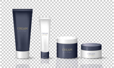 Set of 3d dark blue and white cream tubes and jars. Vector skincare packages, boxes, bottles isolated on transparent background. Cosmetic container mockup
