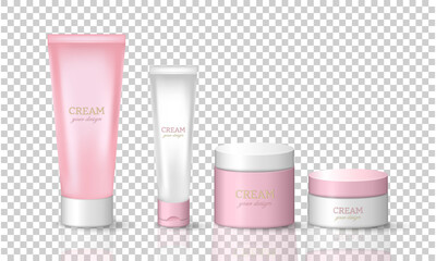 Set of 3d pink and white cream tubes and jars. Vector skincare packages, containers, bottles isolated on transparent background. Cosmetic container mockup