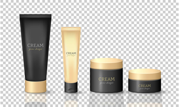 Set of 3d dark and golden glossy cream tubes and jars. Vector skincare packages, boxes, bottles isolated on transparent background. Cosmetic container mockup