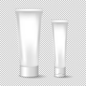 Two white 3d cream tubes isolated on transparent background. Skincare product mockup for logo design. Plastic cosmetic containers template for creme, tooth paste, lotion, moisturizer, gel. 