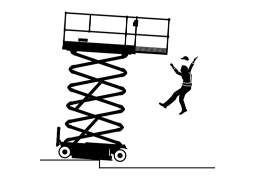 Tip-over risk. Scissor lift and elevated work platform safety. Vector.