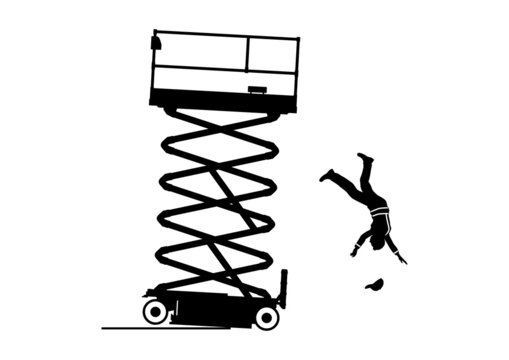 Tip-over risk. Scissor lift and elevated work platform safety. Vector.