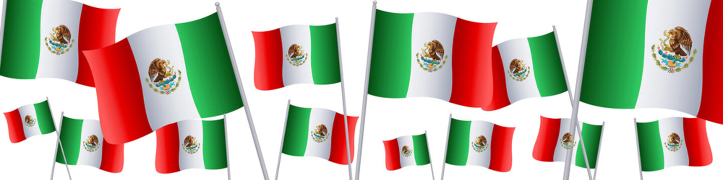 Banner with 3D Mexico flags on white background 