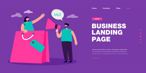 Salesman with megaphone calling customer for sale. Happy tiny woman waving from big bag flat vector illustration. Discount offer, online shopping concept for banner, website design or landing web page
