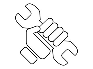 Icon, Blue hand holding a tool, wrench on white background