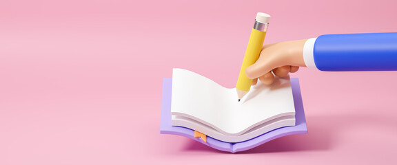 3d hand writing on blank book isolated on pink background with copy space, creative background for education or business concept design, empty pages, time management and effective planning, 3d render - obrazy, fototapety, plakaty