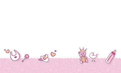 Baby Shower Background. Baby Arrival Cartoon Vector Illustration with Copy Space, baby icons and pattern. It is a girl.