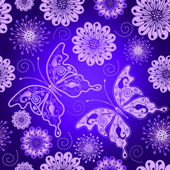 Seamless purple spring pattern with butterflies and flowers on a transparent background. Vector eps 10