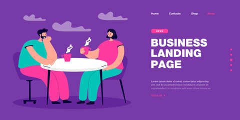 People drinking hot drink at cafe table together. Woman and man holding tea or coffee cups flat vector illustration. Conversation of two friends concept for banner, website design or landing web page - obrazy, fototapety, plakaty