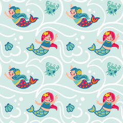 Cute mermaids on the ocean. Fantasy print for small girls. Seamless pattern.