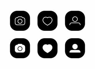 Naklejka premium Social media element. Camera, love, and profile icon vector on square button