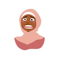 Vector cartoon portrait of young Muslim girl with shocked face expression. African American woman in hijab scared emotion. 