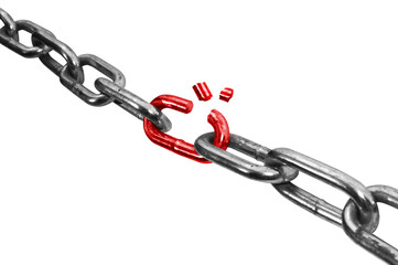 Metal chain with a red broken link in the center isolated on white background. Freedom concept