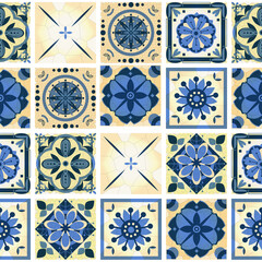 elegant endless pattern of imitation vintage cracked ceramic tiles with abstract flowers in blue