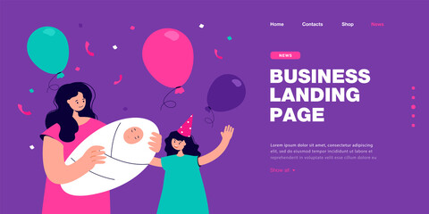 Mother celebrating birth of newborn baby with cute daughter. Woman and children with balloons flat vector illustration. Childbirth, family party concept for banner, website design or landing web page