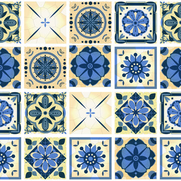 elegant endless pattern of imitation vintage cracked ceramic tiles with abstract flowers in blue