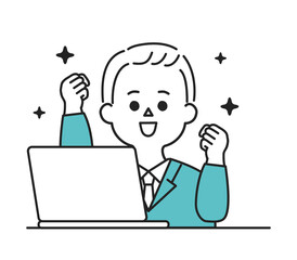 PCの前で喜ぶポーズのビジネスパーソンのイラスト
