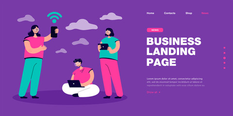 Young cartoon people using gadgets and internet. Girls and boy with smartphone, tablet and laptop flat vector illustration. Technology, addiction concept for banner, website design or landing web page