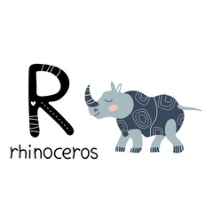 Children's font. Letter R. Cute cartoon rhinoceros.