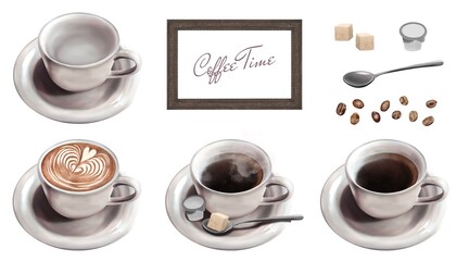 コーヒーとカフェオレのおしゃれイラストセット　ラスター素材