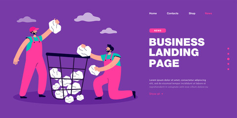 Janitors throwing paper into huge bin. Male characters in uniform throwing garbage into trash can flat vector illustration. Recycling, ecology concept for banner, website design or landing web page