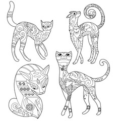 Set, illustration for coloring book with decorative domestic cats. Beautiful animal, anti stress picture. Line art design for adult or kids in zen-tangle style, tattoo and coloring page.
