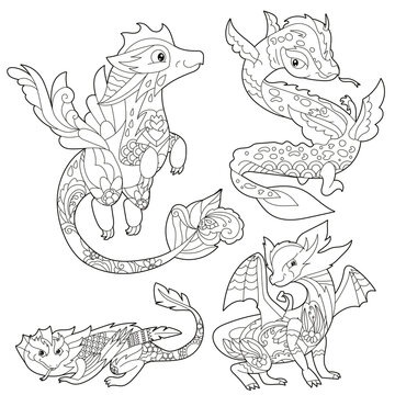 Set with fancy dragons on white background. Contour illustration for coloring book with fantasy reptile.  Line art design for adult or kids in zentangle style, tattoo and coloring page.