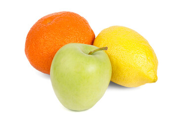 Fresh fruits isolated on white background. Apple, lemon and tangerine.