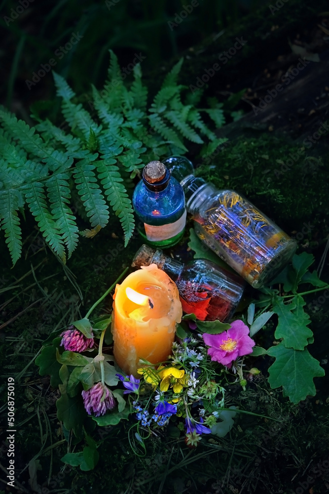 Wall mural burning candle, magic witch bottles, flowers on dark forest natural background. magic ritual, witchc