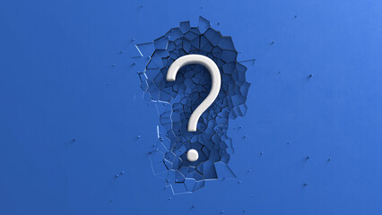 Large White Question mark minimalist animation with impact effect on Blue background 3d render.