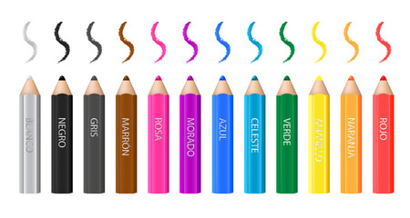 Colorful pencils with spanish names of colors: rojo, naranja, amarillo, verde, celeste, azul, morado, rosa, marron, gris, negro, blanco.  Vector design