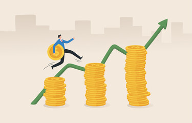 Income growth concept. Investment management. Successful Investments. Stock market.. Investors run on the money coin chart to reach the profit point.