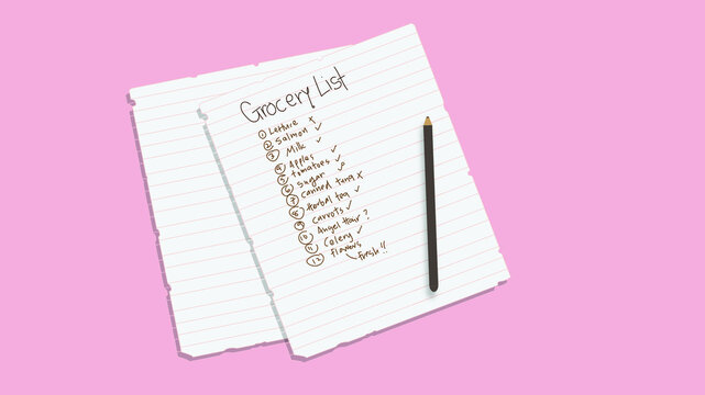Grocery List on line paper with a pencil next to it