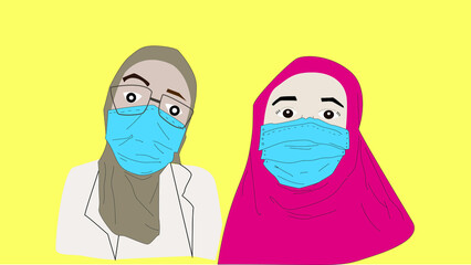 Two muslim women wearing hijab and face mask next to each other