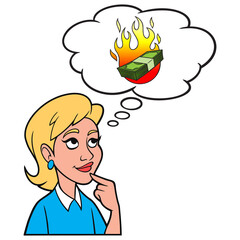 Girl thinking about Financial Crisis - A cartoon illustration of a Girl thinking about the Financial Crisis.