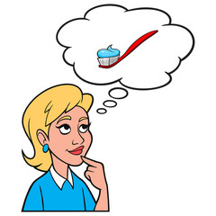 Girl thinking about a Toothbrush and Paste - A cartoon illustration of a Girl thinking about the importance of brushing teeth with a Toothbrush and Paste.