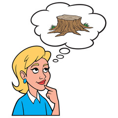 Girl thinking about Stump Removal Service - A cartoon illustration of a Girl thinking about a Stump Removal Service.
