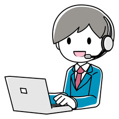 ヘッドセットで電話しながらPCを操作する男性のイラスト