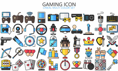 Simple Set of Games multi color Icons. Contains such Icons as Joystick, Console, Virtual Reality, genres and attributes. Used for web, UI, UX kit and applications. vector eps 10 ready convert to SVG.