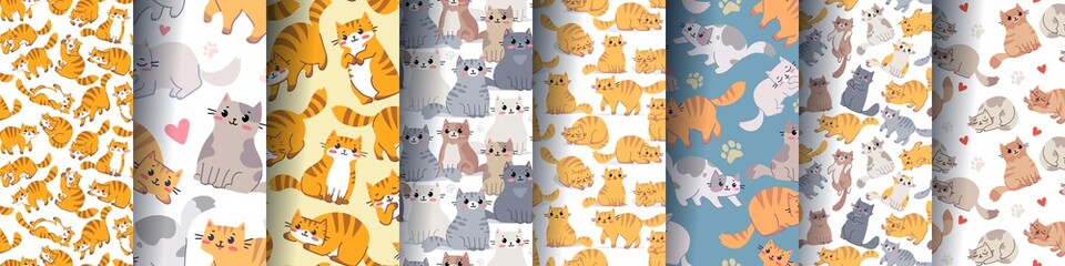 Obraz premium Vector flat line art style design collection of animal cat on color background. Large set of seamless pattern with happy cat character in different pose